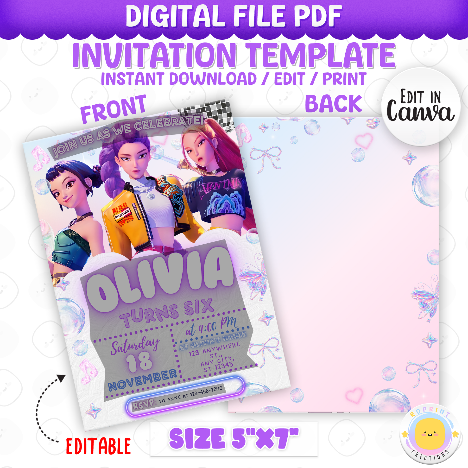 No more hiding, it’s time to shine! Create the ultimate KPOP Demon Hunters celebration with this editable Canva invitation—perfect for printing or sharing digitally. Instant Download