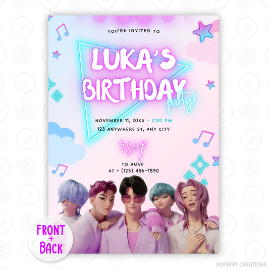 Celebrate in style with this KPOP Demon Hunters Birthday Invitation! Editable in Canva, perfect for printing or sharing digitally for a bold and exciting birthday party. Instant Download
