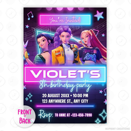 Get ready to shine with this KPOP Demon Hunters Invitation! Editable in Canva, perfect for printing or sharing digitally for a bold and stylish birthday celebration. Instant Download