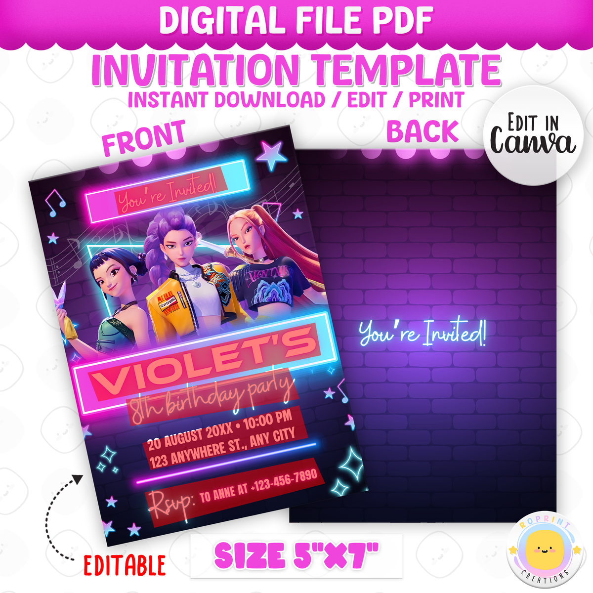 Get ready to shine with this KPOP Demon Hunters Invitation! Editable in Canva, perfect for printing or sharing digitally for a bold and stylish birthday celebration. Instant Download