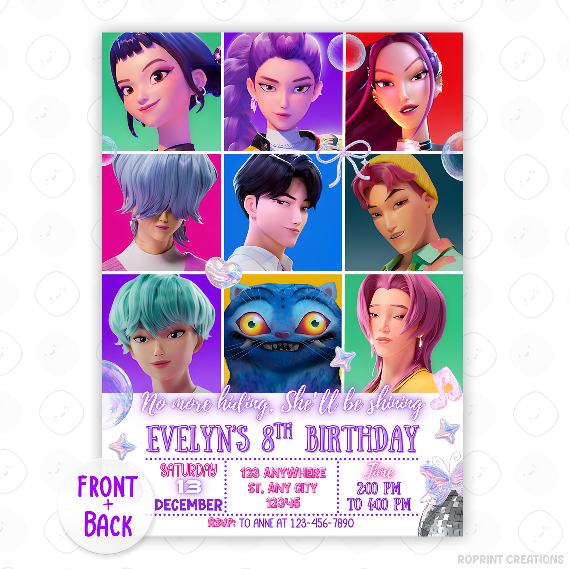 Get ready to shine with this KPOP Demon Hunters Birthday Invitation! Edit easily in Canva, then print or share digitally for a bold and exciting party celebration. Instant Download
