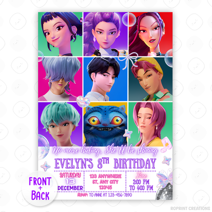 Get ready to shine with this KPOP Demon Hunters Birthday Invitation! Edit easily in Canva, then print or share digitally for a bold and exciting party celebration. Instant Download
