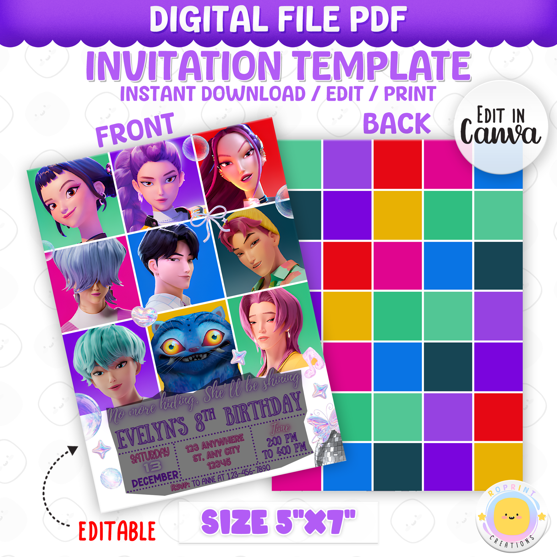 Get ready to shine with this KPOP Demon Hunters Birthday Invitation! Edit easily in Canva, then print or share digitally for a bold and exciting party celebration. Instant Download