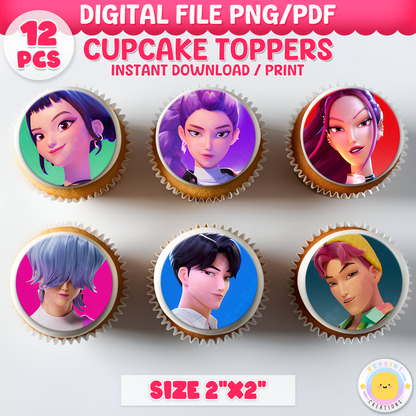 Add a bold KPOP Demon Hunters vibe to your party treats with these printable cupcake toppers! Perfect for birthdays and themed parties—download, print on cardstock or edible paper, and decorate with ease. Digital File Only.