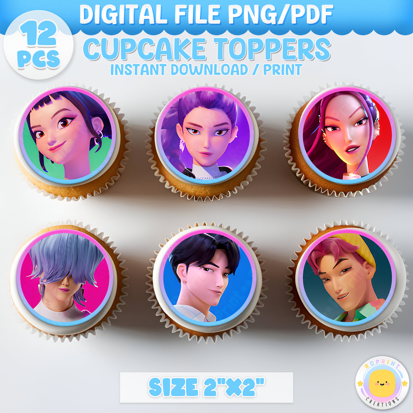 Add a bold KPOP Demon Hunters vibe to your party treats with these printable cupcake toppers! Perfect for birthdays and themed parties—download, print on cardstock or edible paper, and decorate with ease. Digital File Only.