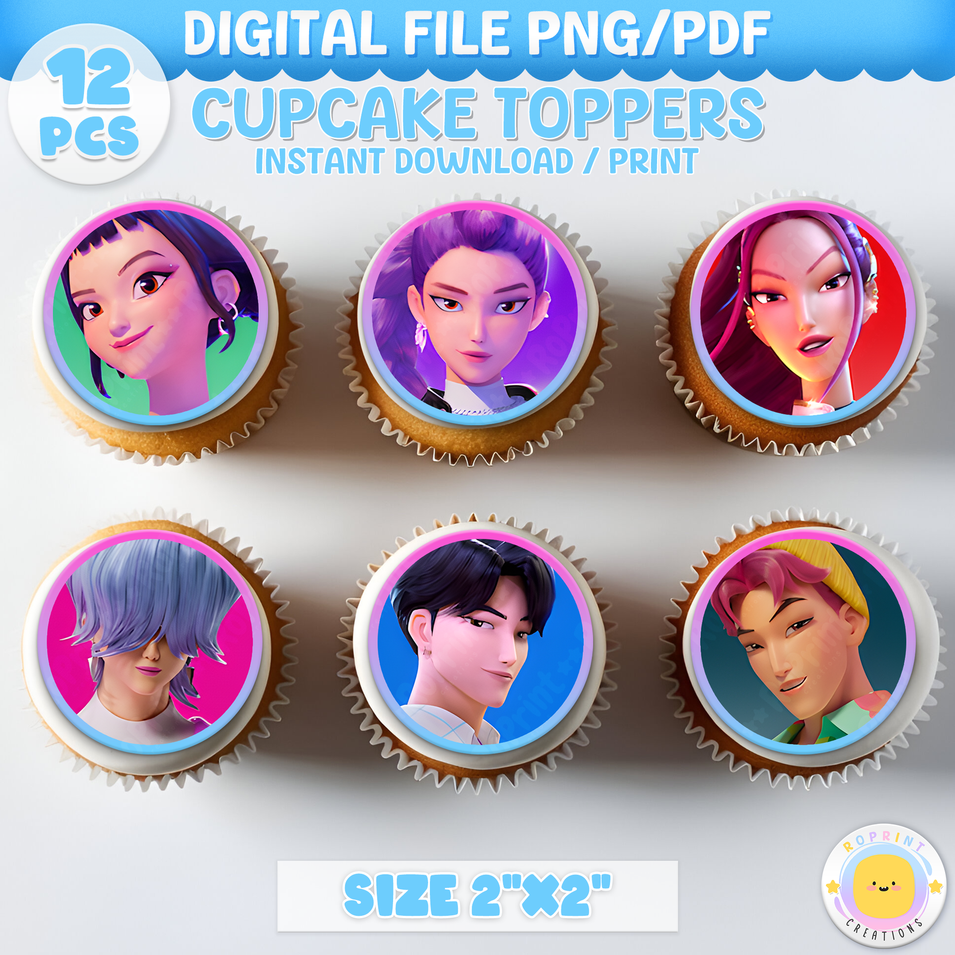 Add a bold KPOP Demon Hunters vibe to your party treats with these printable cupcake toppers! Perfect for birthdays and themed parties—download, print on cardstock or edible paper, and decorate with ease. Digital File Only.
