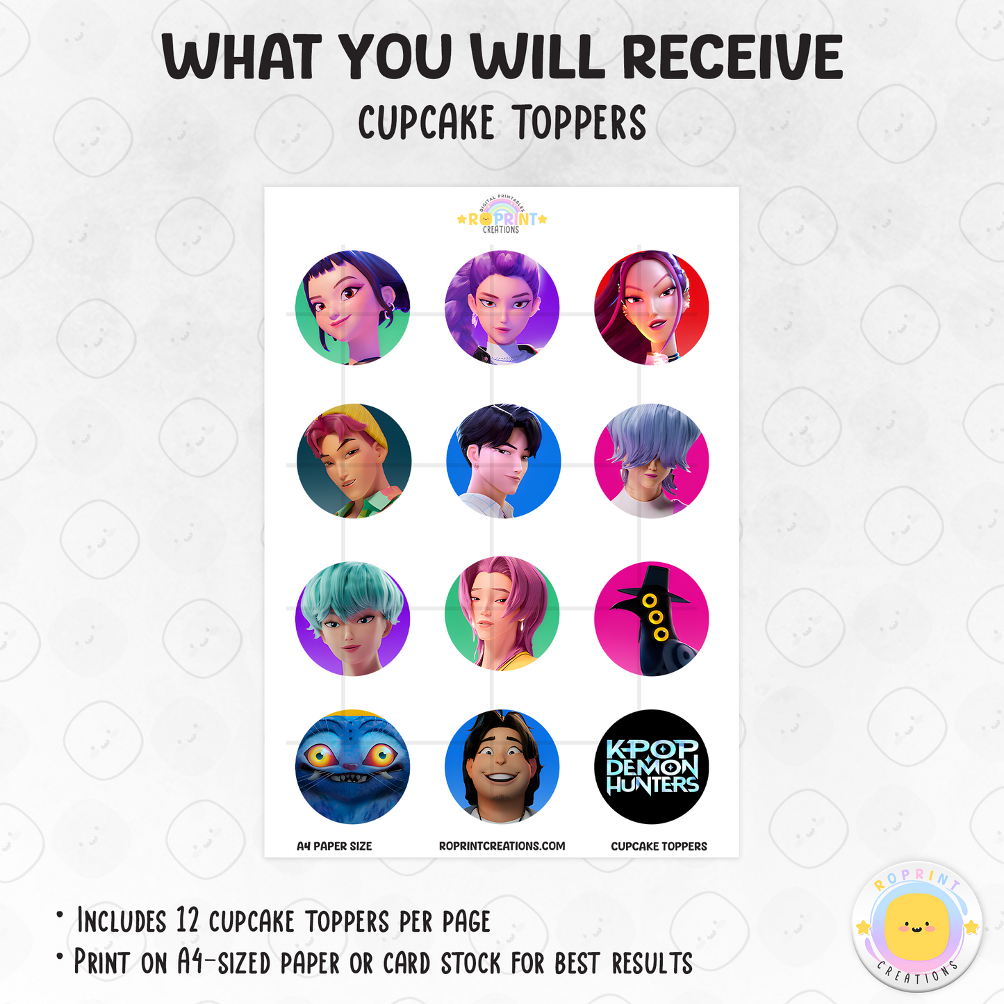 Add a bold KPOP Demon Hunters vibe to your party treats with these printable cupcake toppers! Perfect for birthdays and themed parties—download, print on cardstock or edible paper, and decorate with ease. Digital File Only.