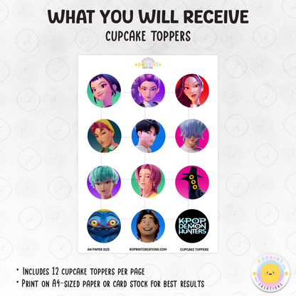 Add a bold KPOP Demon Hunters vibe to your party treats with these printable cupcake toppers! Perfect for birthdays and themed parties—download, print on cardstock or edible paper, and decorate with ease. Digital File Only.
