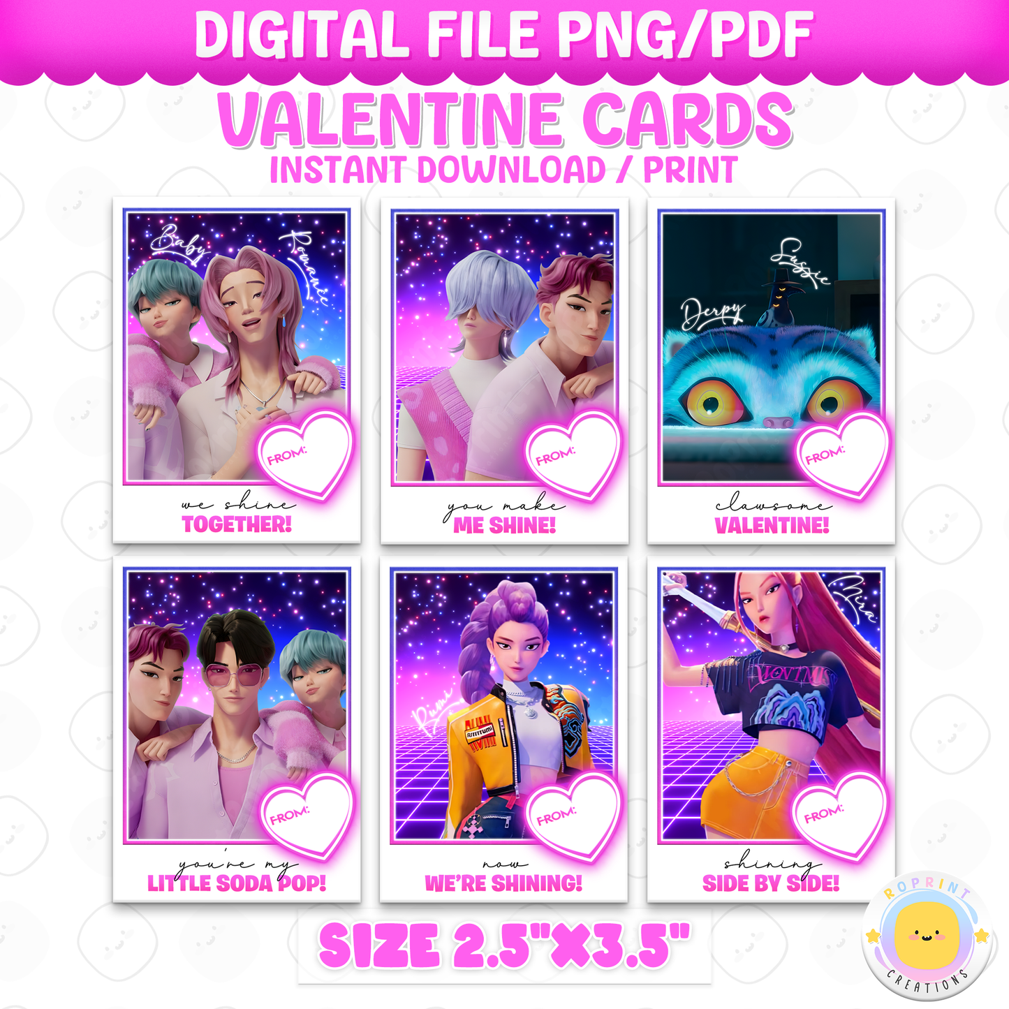 Celebrate Valentine’s with these KPOP Demon Hunters Valentine cards featuring Huntrix! Perfect for classroom exchanges—simply download, print, and share for a fun and stylish Valentine surprise. Instant Download
