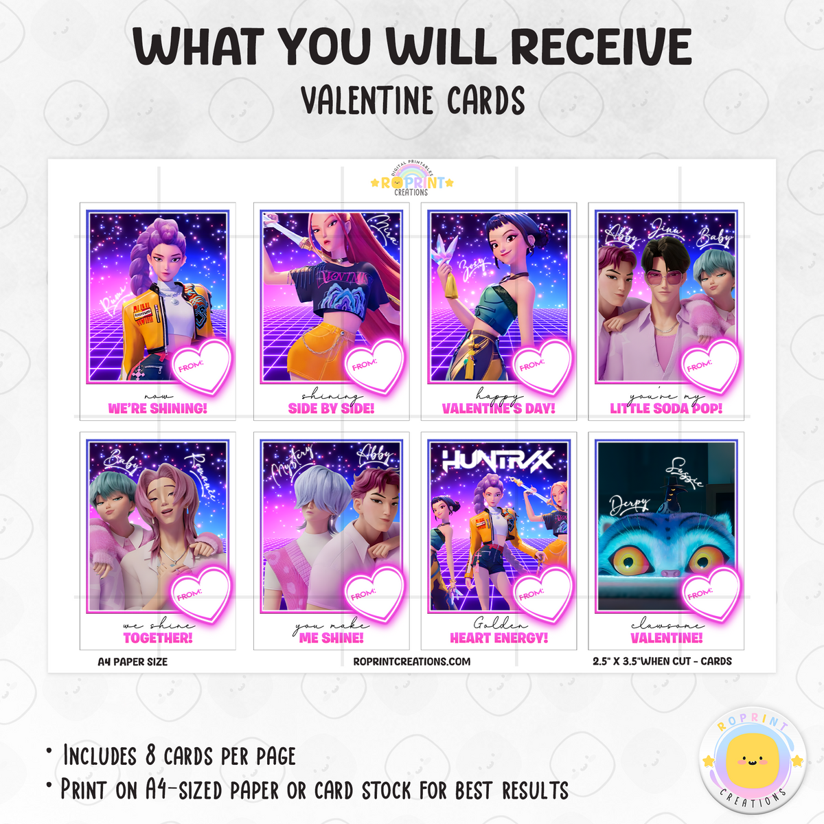 Celebrate Valentine’s with these KPOP Demon Hunters Valentine cards featuring Huntrix! Perfect for classroom exchanges—simply download, print, and share for a fun and stylish Valentine surprise. Instant Download