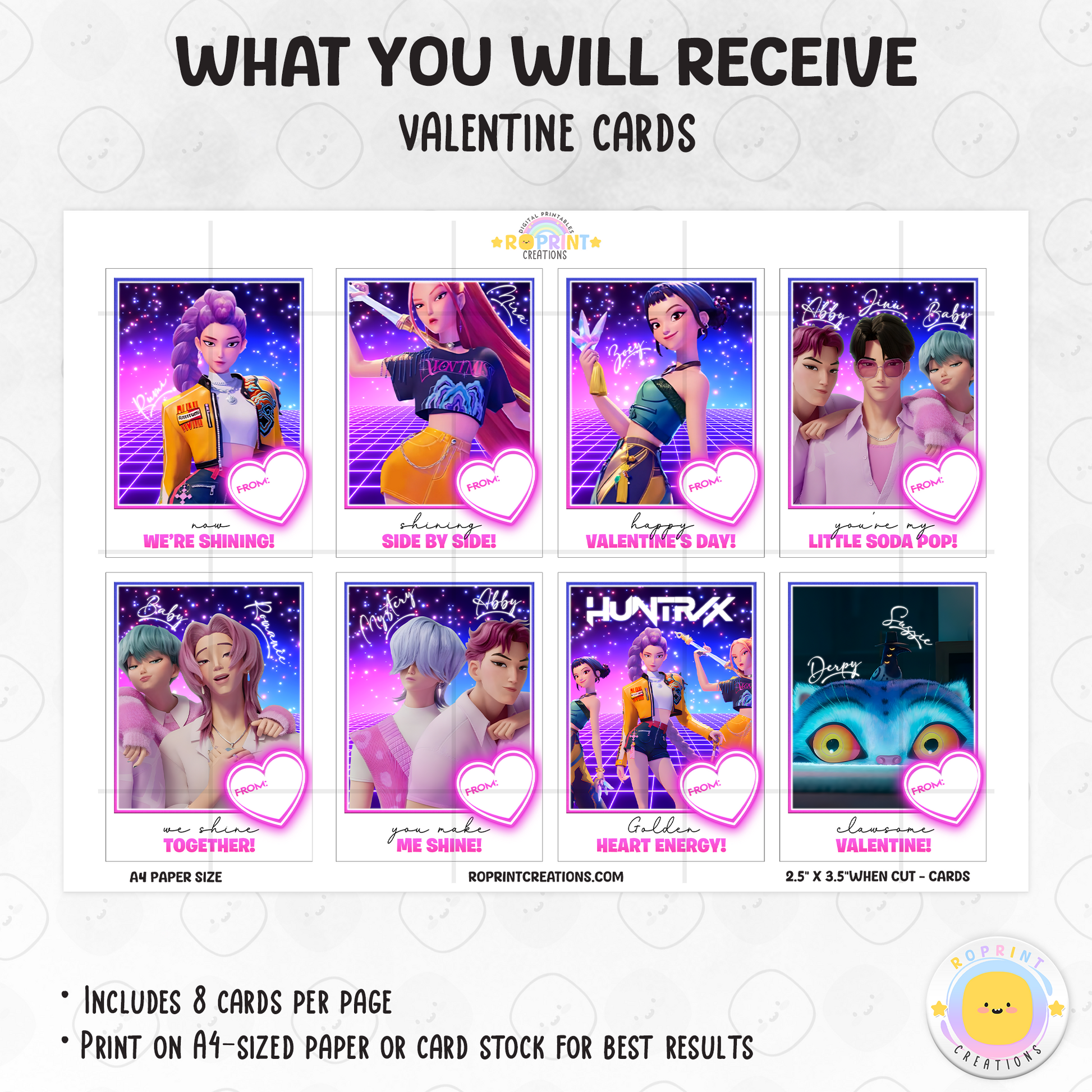Celebrate Valentine’s with these KPOP Demon Hunters Valentine cards featuring Huntrix! Perfect for classroom exchanges—simply download, print, and share for a fun and stylish Valentine surprise. Instant Download