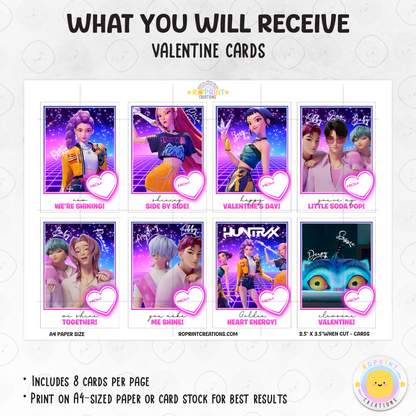 Celebrate Valentine’s with these KPOP Demon Hunters Valentine cards featuring Huntrix! Perfect for classroom exchanges—simply download, print, and share for a fun and stylish Valentine surprise. Instant Download