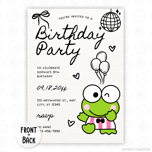 Celebrate with Keroppi! This cute birthday invitation is fully editable in Canva—print at home or share digitally for a fun party surprise. Instant download