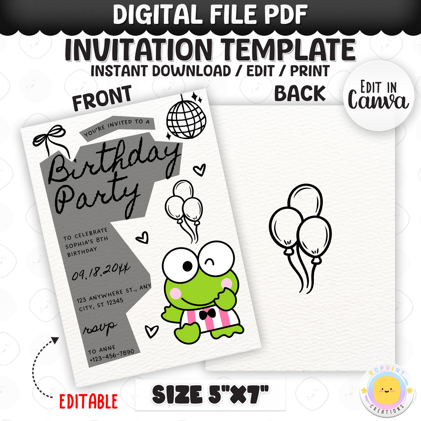 Celebrate with Keroppi! This cute birthday invitation is fully editable in Canva—print at home or share digitally for a fun party surprise. Instant download