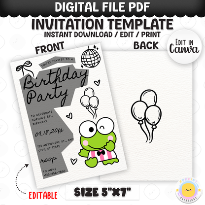 Celebrate with Keroppi! This cute birthday invitation is fully editable in Canva—print at home or share digitally for a fun party surprise. Instant download