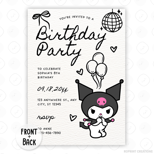 Celebrate with Kuromi! This cute birthday invitation is fully editable in Canva—print at home or share digitally for a fun party surprise. Instant download