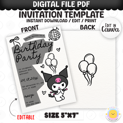 Celebrate with Kuromi! This cute birthday invitation is fully editable in Canva—print at home or share digitally for a fun party surprise. Instant download