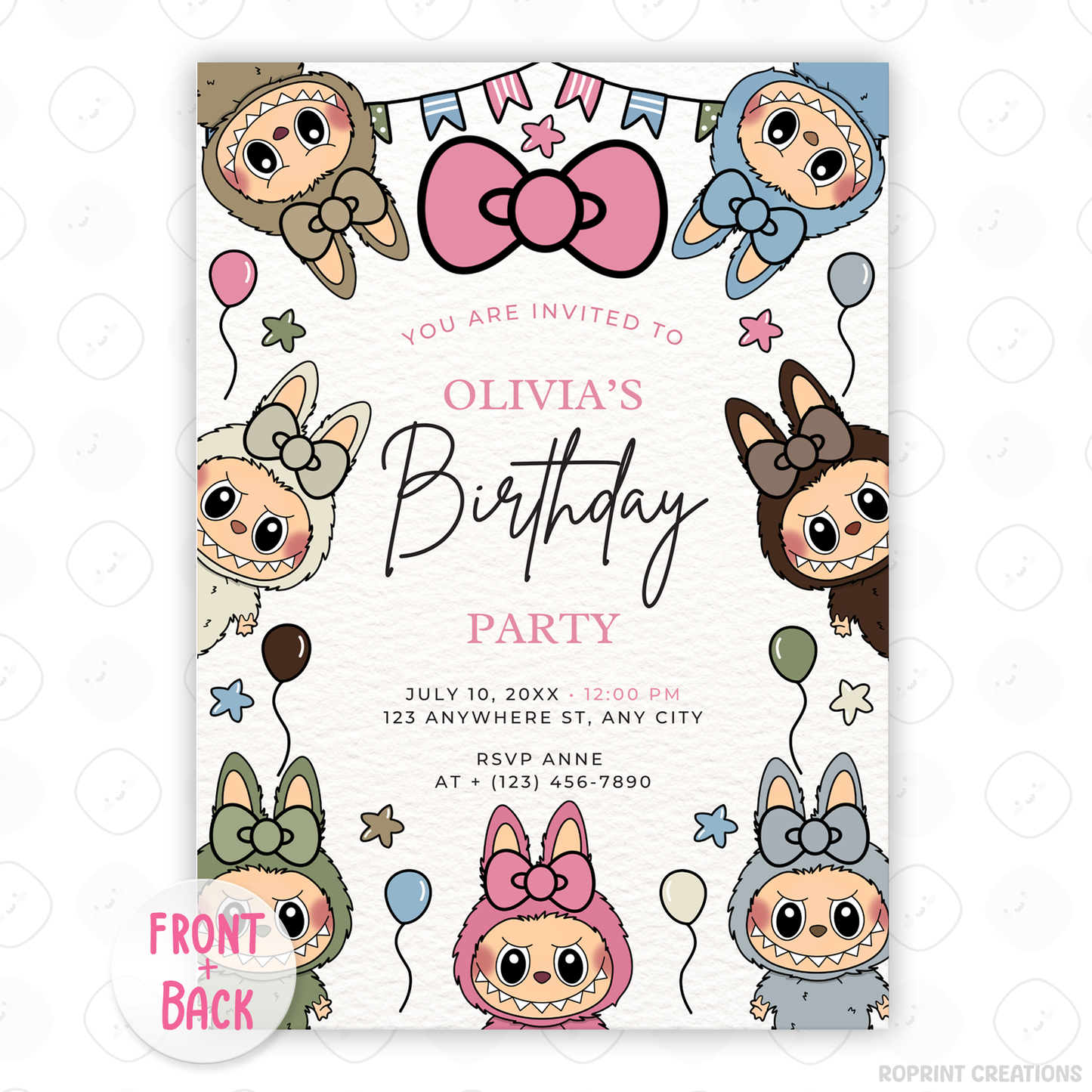 Celebrate in style with this cute Labubu Coquette birthday invitation! Easily edit in Canva, then print or share digitally for a fun monster-themed party. Instant download