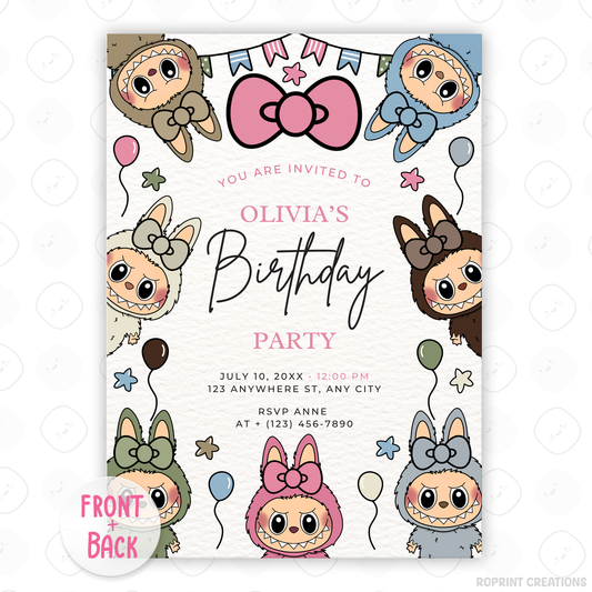 Celebrate in style with this cute Labubu Coquette birthday invitation! Easily edit in Canva, then print or share digitally for a fun monster-themed party. Instant download