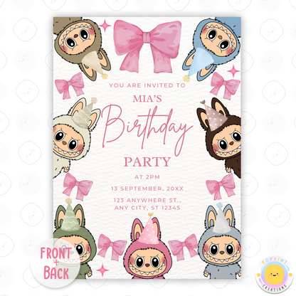 Perfect for a stylish celebration! This coquette Labubu birthday invite features a pink bow and cute design. Edit in Canva, then print or share digitally. Instant download.