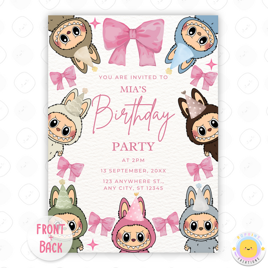 Perfect for a stylish celebration! This coquette Labubu birthday invite features a pink bow and cute design. Edit in Canva, then print or share digitally. Instant download.