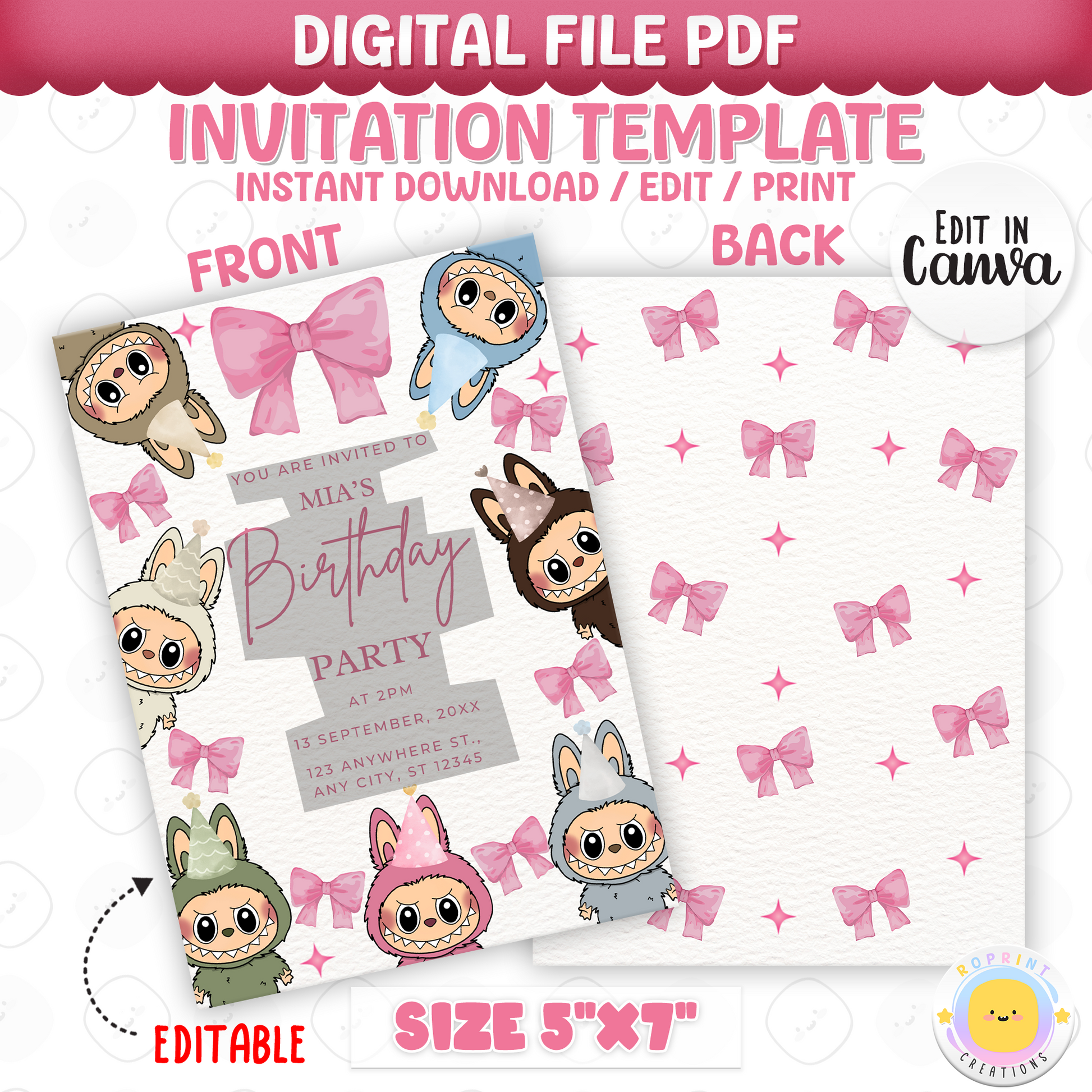 Perfect for a stylish celebration! This coquette Labubu birthday invite features a pink bow and cute design. Edit in Canva, then print or share digitally. Instant download.
