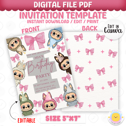 Perfect for a stylish celebration! This coquette Labubu birthday invite features a pink bow and cute design. Edit in Canva, then print or share digitally. Instant download.