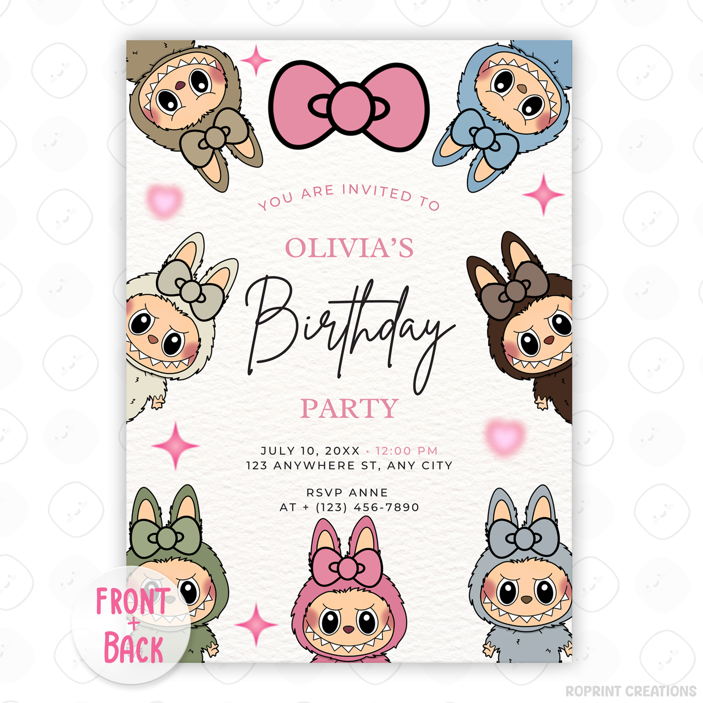 Add a touch of cuteness to your celebration with this Hello Kitty–inspired Labubu bow party invitation! Edit easily in Canva, then print or share digitally. Instant download