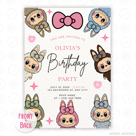 Add a touch of cuteness to your celebration with this Hello Kitty–inspired Labubu bow party invitation! Edit easily in Canva, then print or share digitally. Instant download