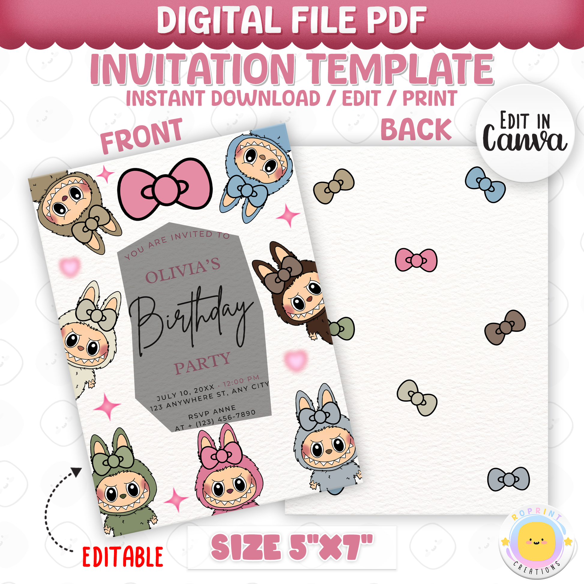 Add a touch of cuteness to your celebration with this Hello Kitty–inspired Labubu bow party invitation! Edit easily in Canva, then print or share digitally. Instant download