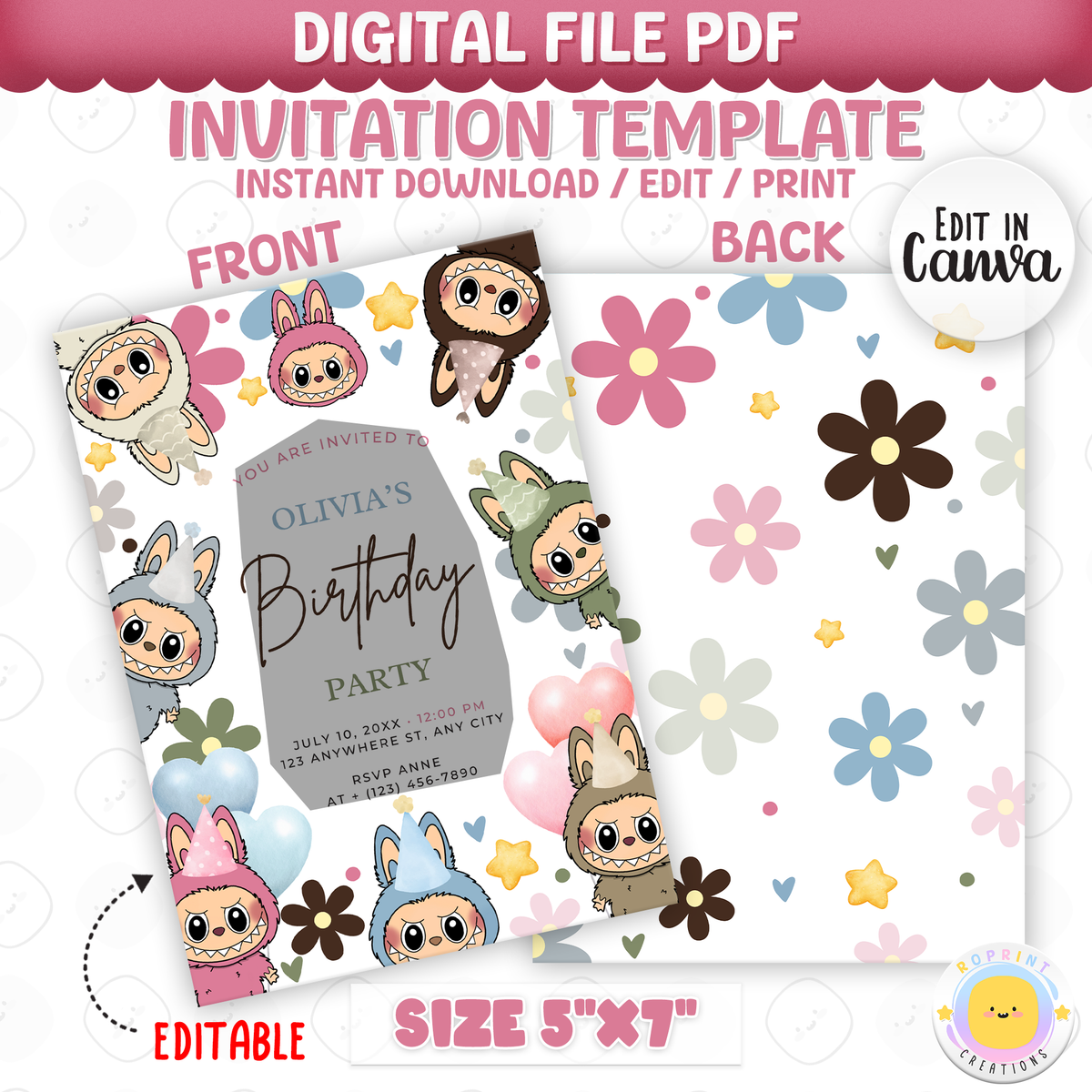Celebrate with Labubu and daisies! This cute birthday invitation is fully editable in Canva—print at home or share digitally for a fun and easy party setup. Instant download