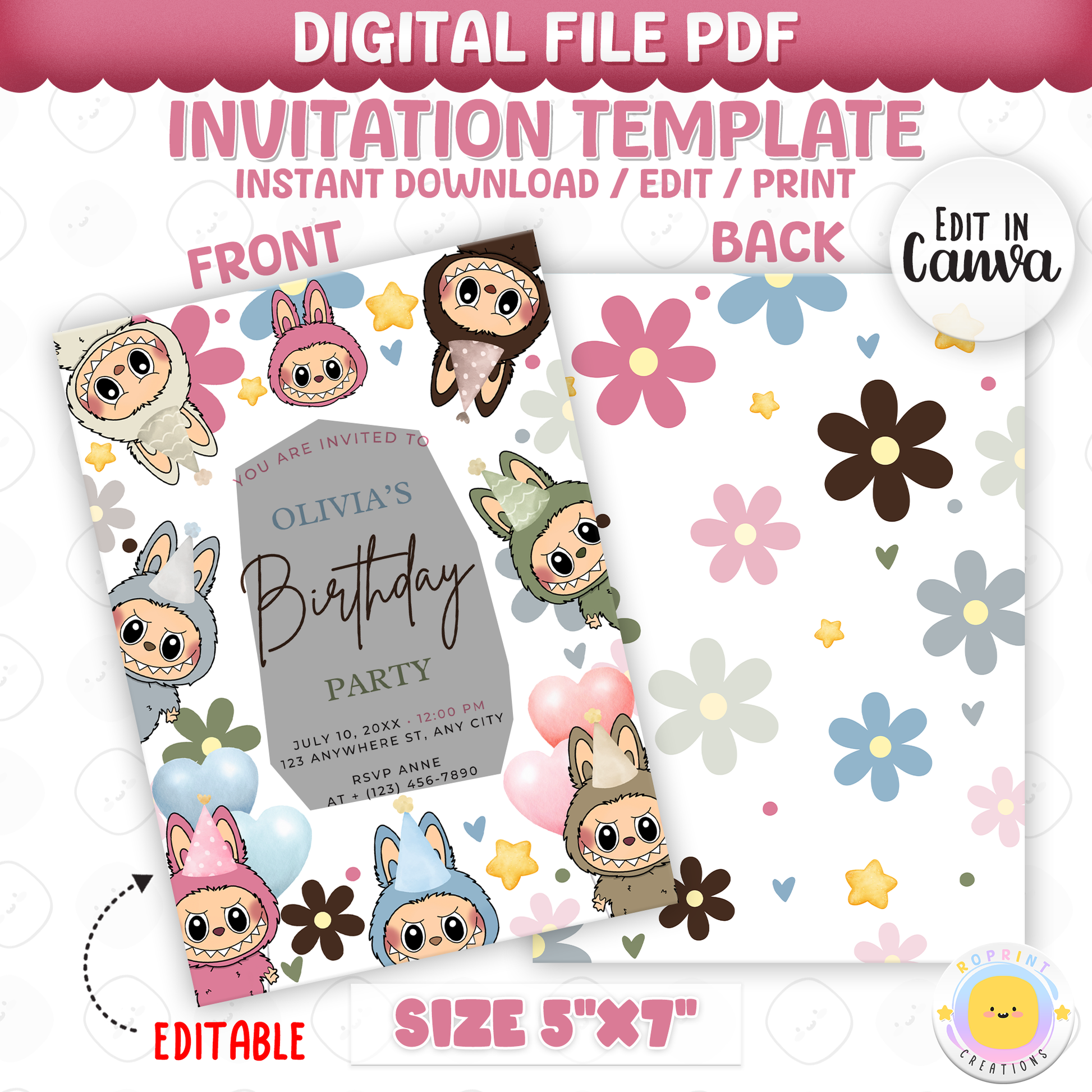 Celebrate with Labubu and daisies! This cute birthday invitation is fully editable in Canva—print at home or share digitally for a fun and easy party setup. Instant download