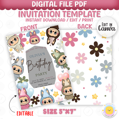 Celebrate with Labubu and daisies! This cute birthday invitation is fully editable in Canva—print at home or share digitally for a fun and easy party setup. Instant download