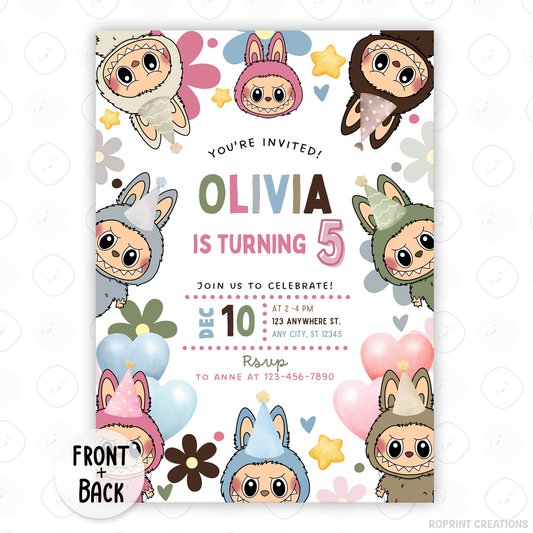 Celebrate with Labubu and daisies! This cute birthday invitation is fully editable in Canva—print at home or share digitally for a fun and easy party setup. Instant download