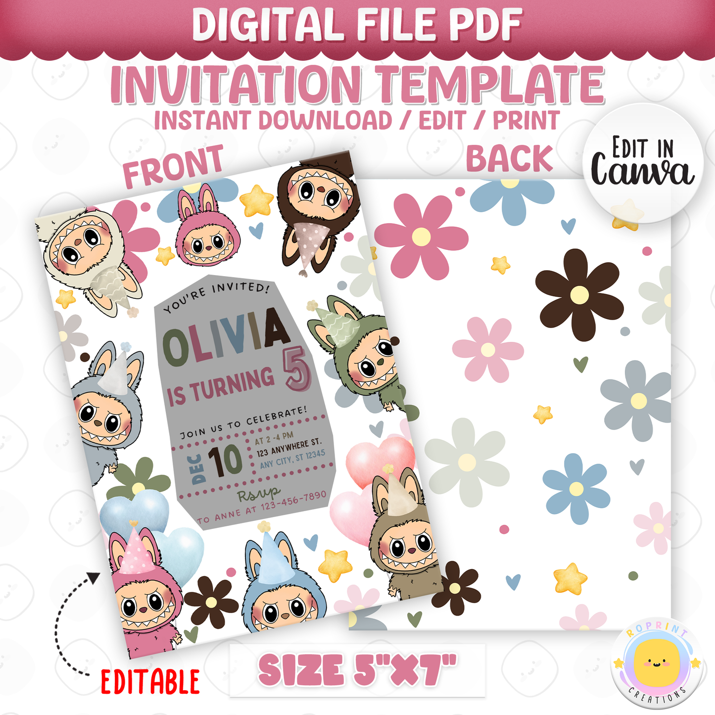 Celebrate with Labubu and daisies! This cute birthday invitation is fully editable in Canva—print at home or share digitally for a fun and easy party setup. Instant download