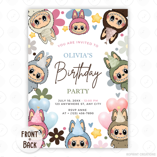 Celebrate with Labubu and daisies! This cute birthday invitation is fully editable in Canva—print at home or share digitally for a fun and easy party setup. Instant download