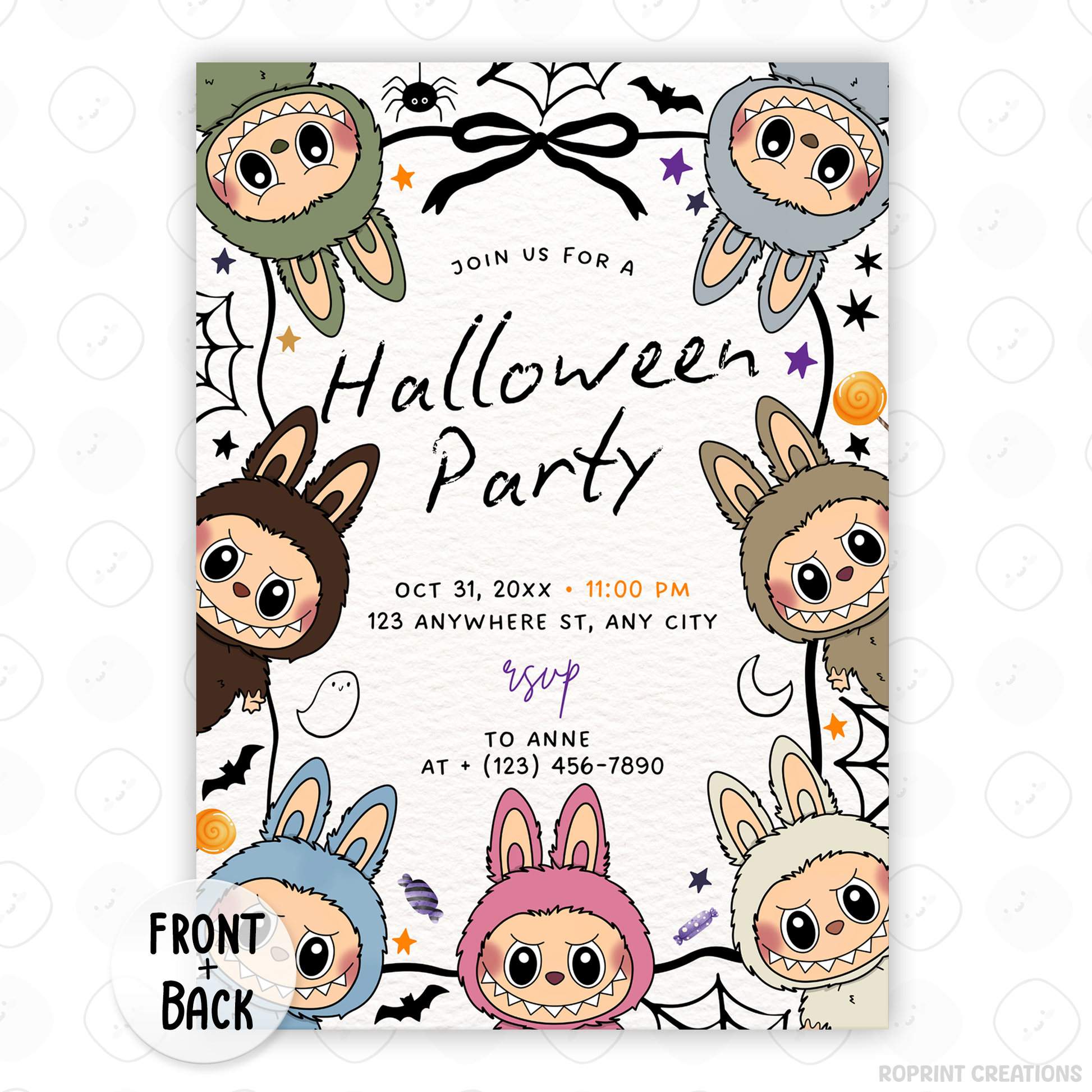 Celebrate with spooky-cute vibes! This Labubu Halloween birthday invitation is editable in Canva—perfect for printing or sharing digitally for your Halloween-themed party. Instant download