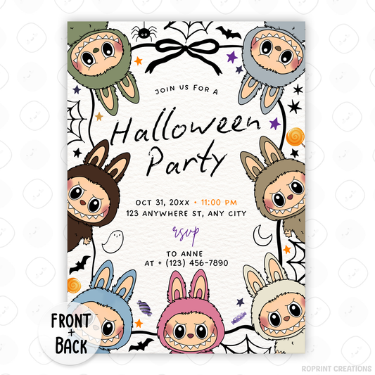 Celebrate with spooky-cute vibes! This Labubu Halloween birthday invitation is editable in Canva—perfect for printing or sharing digitally for your Halloween-themed party. Instant download