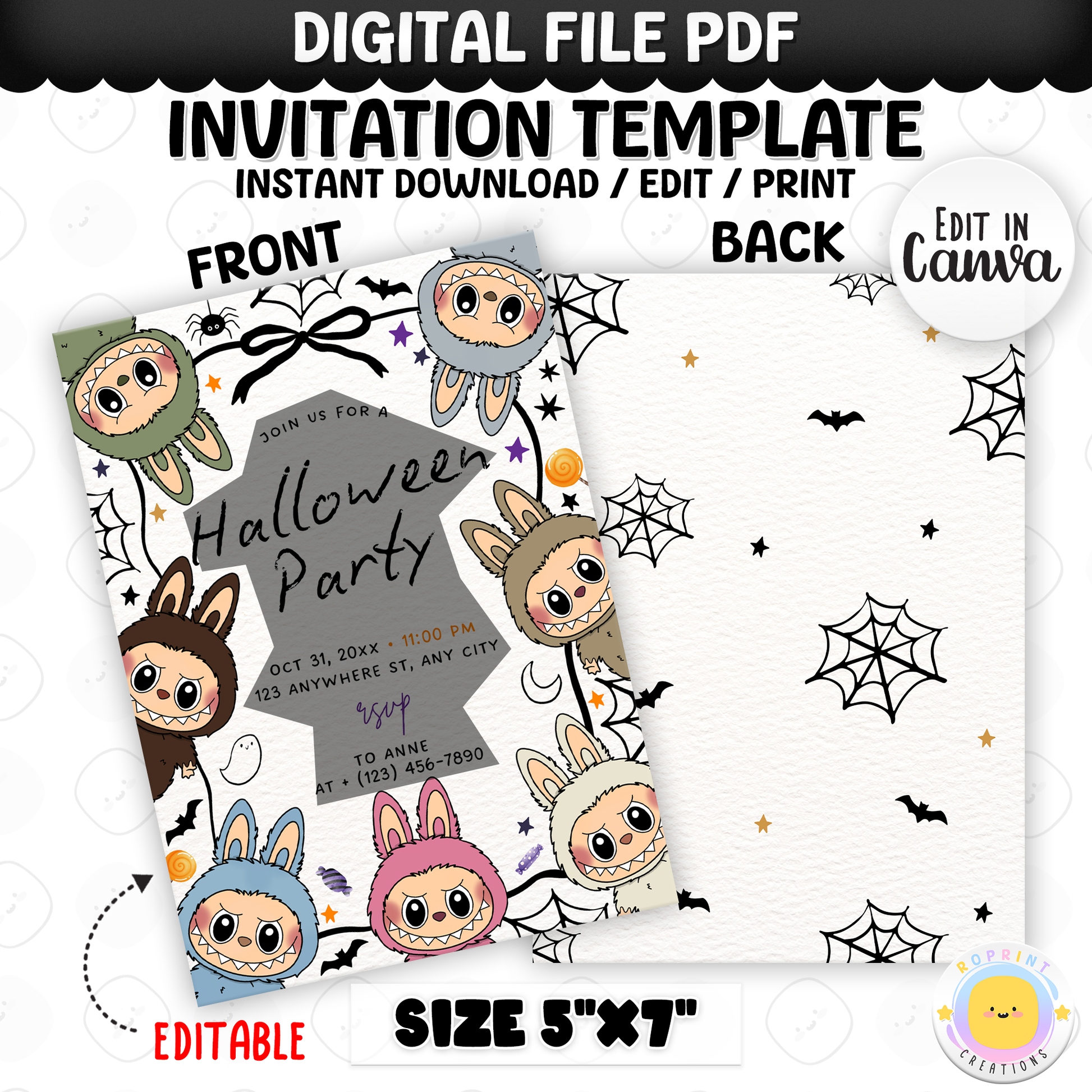 Celebrate with spooky-cute vibes! This Labubu Halloween birthday invitation is editable in Canva—perfect for printing or sharing digitally for your Halloween-themed party. Instant download