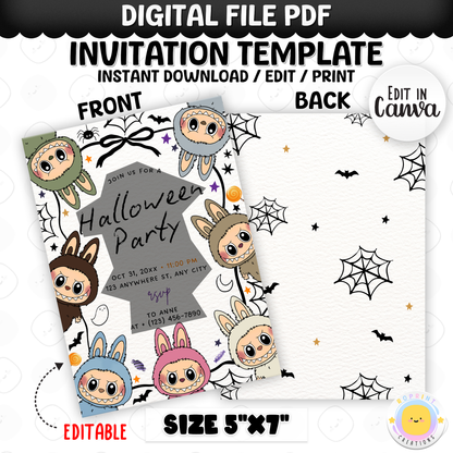 Celebrate with spooky-cute vibes! This Labubu Halloween birthday invitation is editable in Canva—perfect for printing or sharing digitally for your Halloween-themed party. Instant download