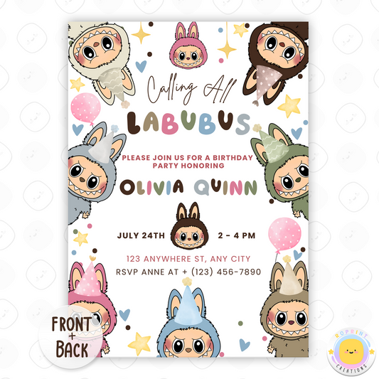 Celebrate with this Labubu-inspired birthday invitation! Easily edit in Canva, then print at home or share digitally with friends and family. Instant download.