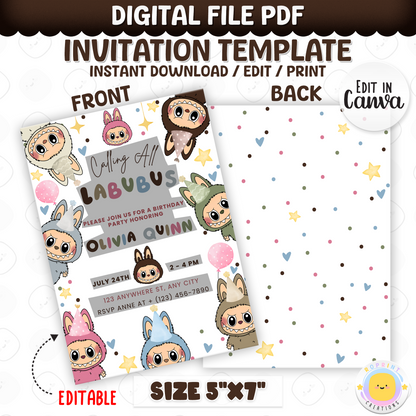 Celebrate with this Labubu-inspired birthday invitation! Easily edit in Canva, then print at home or share digitally with friends and family. Instant download.