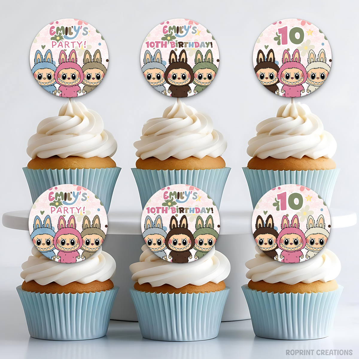 Labubu Inspired Daisy Birthday Cupcake Toppers - Cute Labubu Kids Editable party Favor Add a sweet floral touch to your party with these Labubu daisy-themed cupcake toppers! Edit in Canva and print for adorable kids’ party favors.