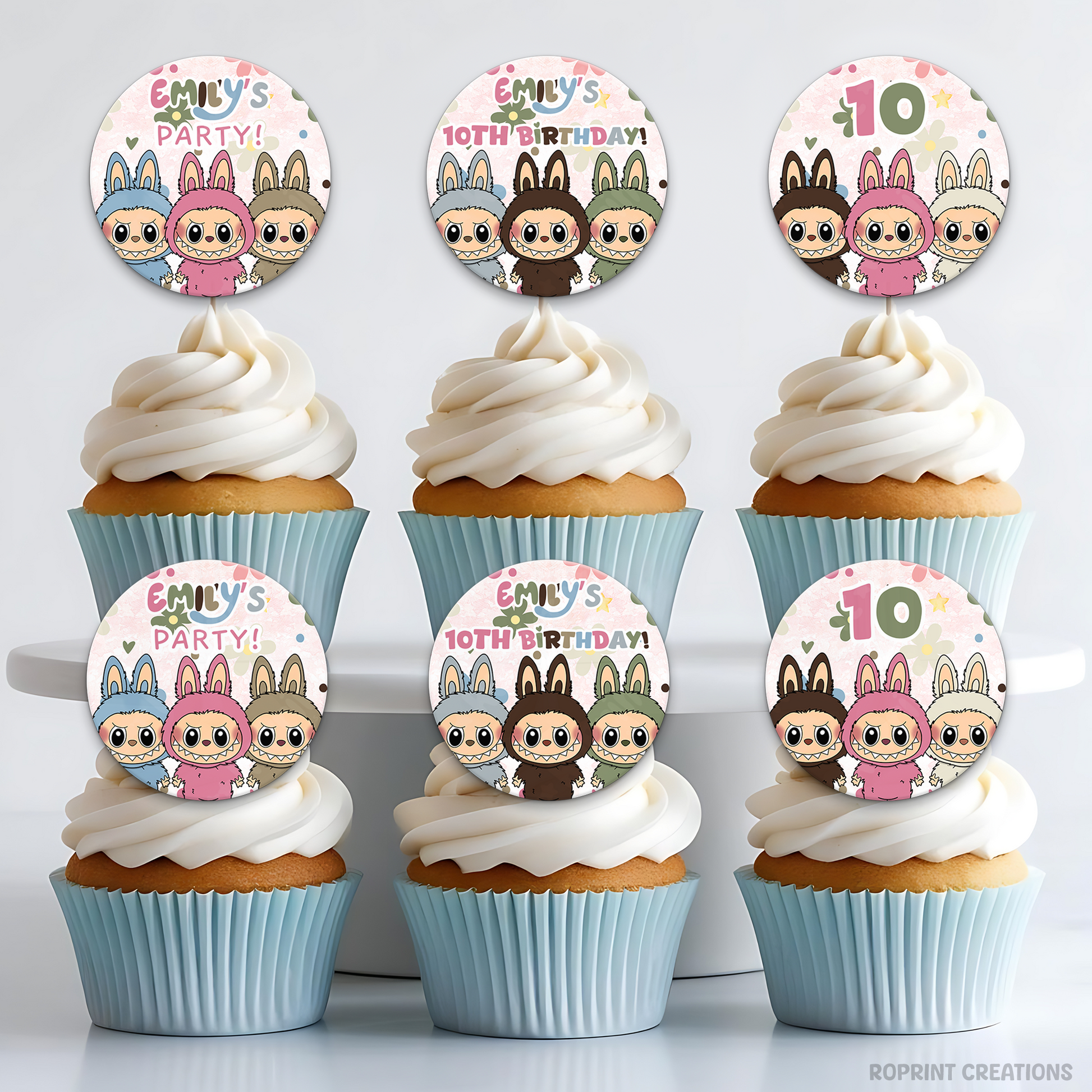 Labubu Inspired Daisy Birthday Cupcake Toppers - Cute Labubu Kids Editable party Favor Add a sweet floral touch to your party with these Labubu daisy-themed cupcake toppers! Edit in Canva and print for adorable kids’ party favors.