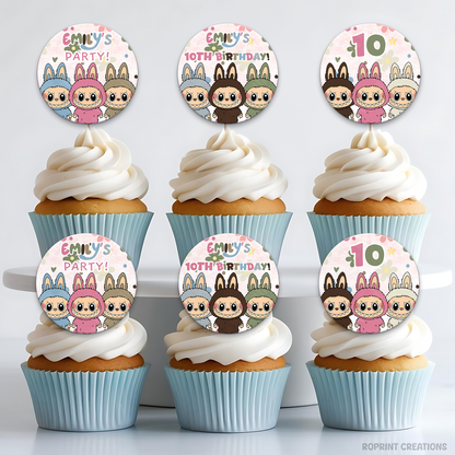 Labubu Inspired Daisy Birthday Cupcake Toppers - Cute Labubu Kids Editable party Favor Add a sweet floral touch to your party with these Labubu daisy-themed cupcake toppers! Edit in Canva and print for adorable kids’ party favors.