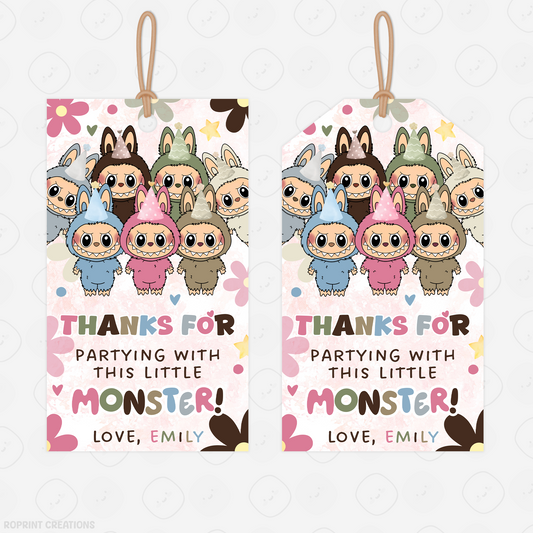 Labubu Inspired Daisy Birthday Favor Tags - Cute Labubu Kids Editable Thank You Tag Party Favor Say thanks in style with these daisy-themed Labubu favor tags! Easily edit in Canva and print for the perfect party favor touch. Instant Download