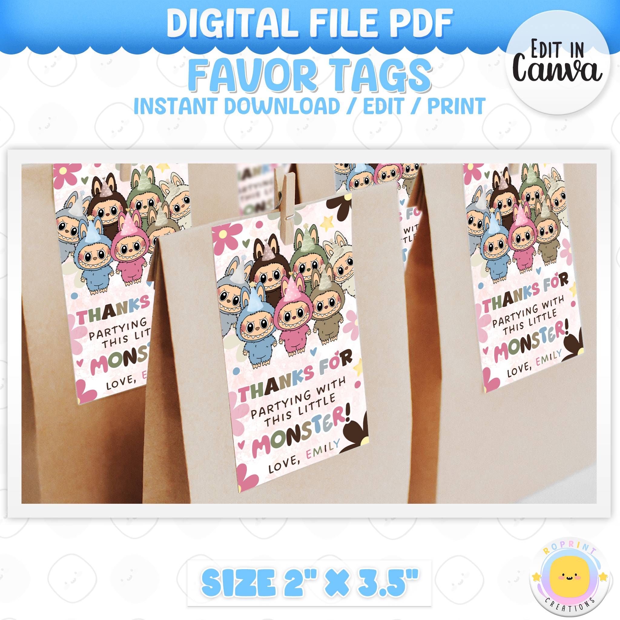 Labubu Inspired Daisy Birthday Favor Tags - Cute Labubu Kids Editable ...