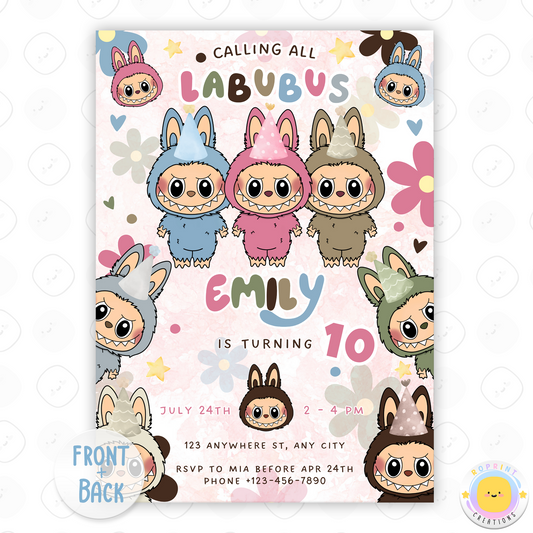 This adorable Labubu daisy-themed invitation is perfect for kids’ birthdays! Edit easily in Canva, then print or share digitally in minutes. Instant download.