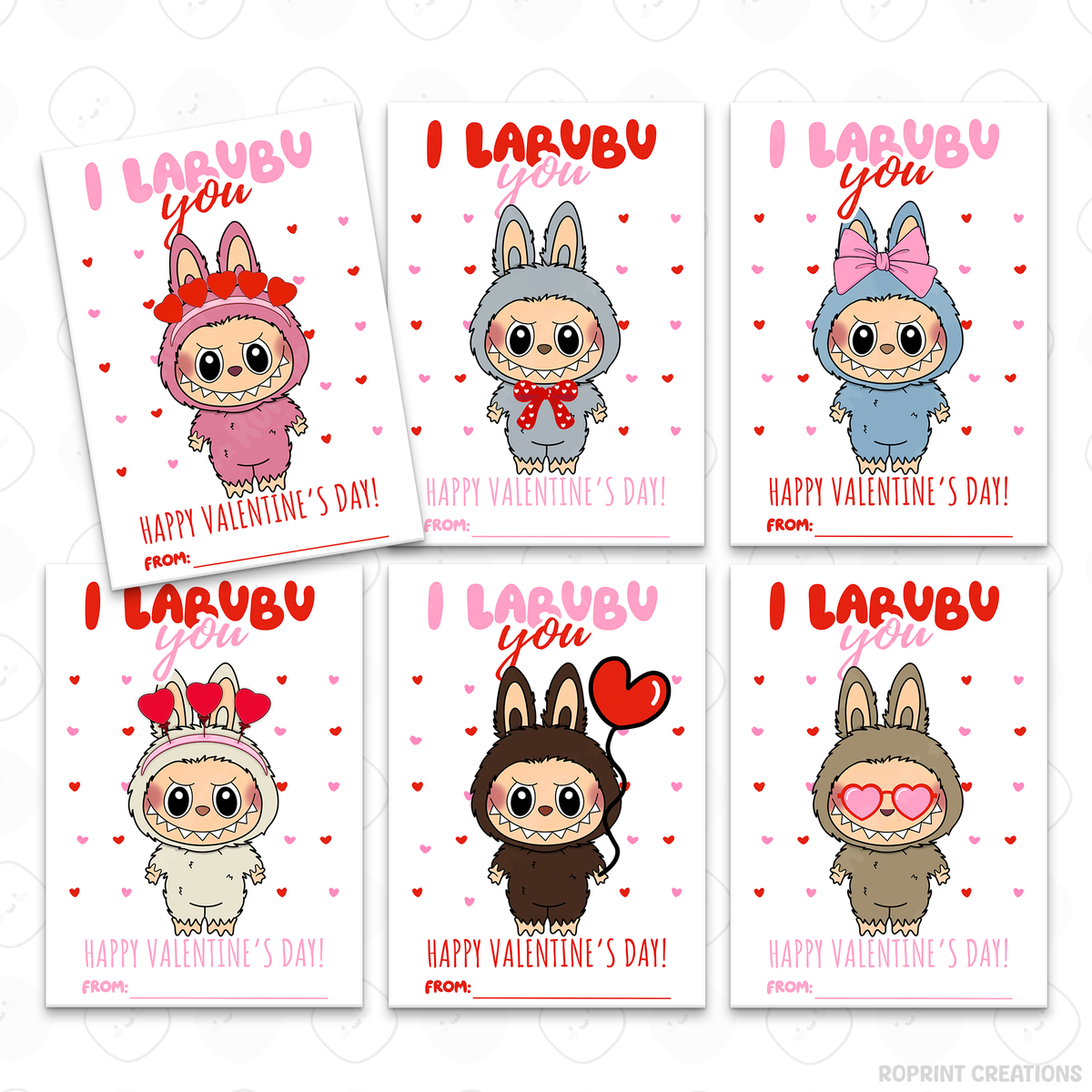 Labubu Valentine cards, printable classroom Valentine cards featuring fun monster designs for kids