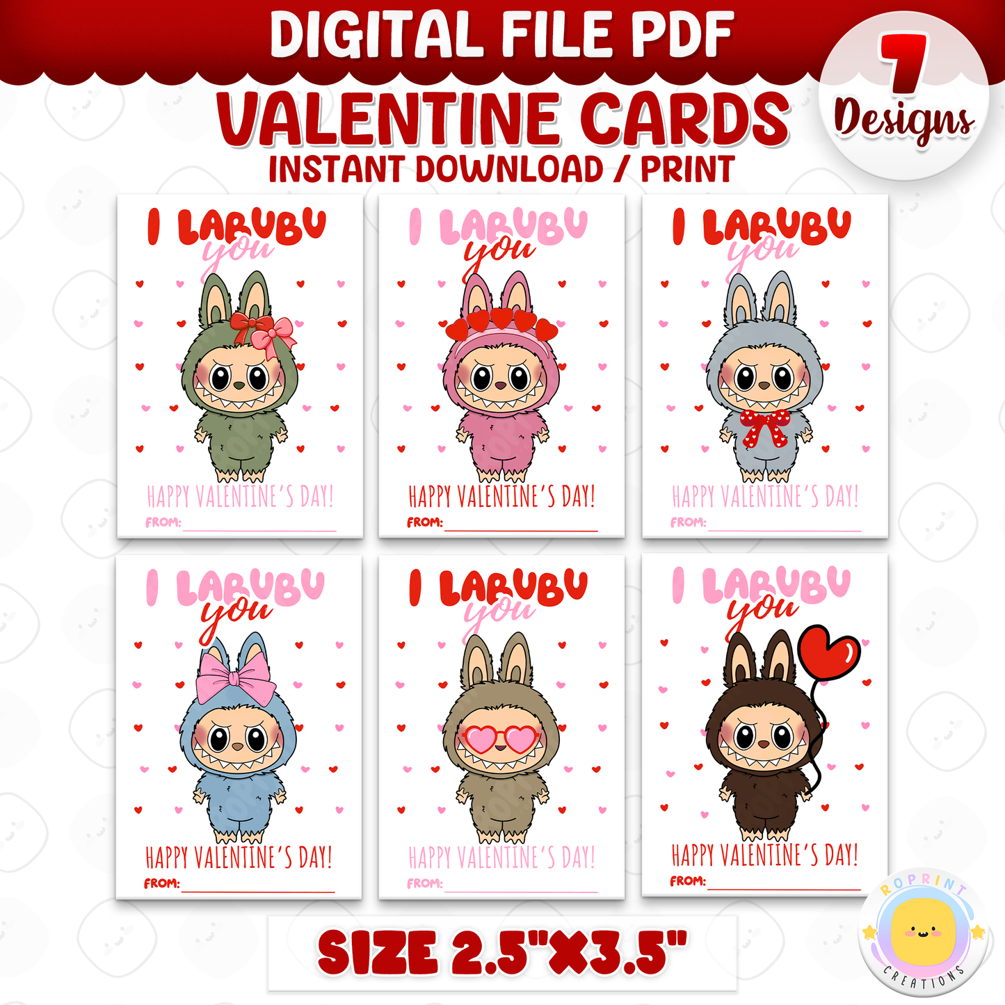Labubu Valentine cards, printable classroom Valentine cards featuring fun monster designs for kids